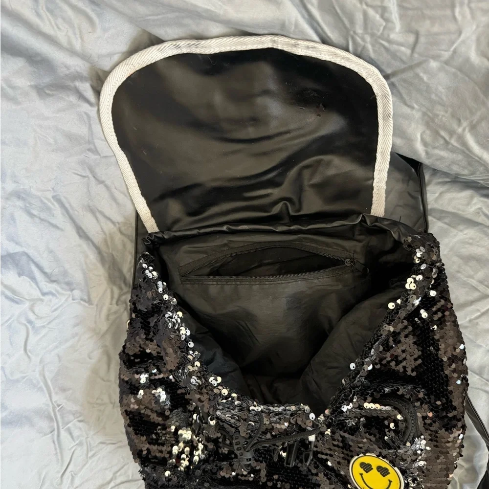Black Sequin Kids Backpack with Smiley Patch